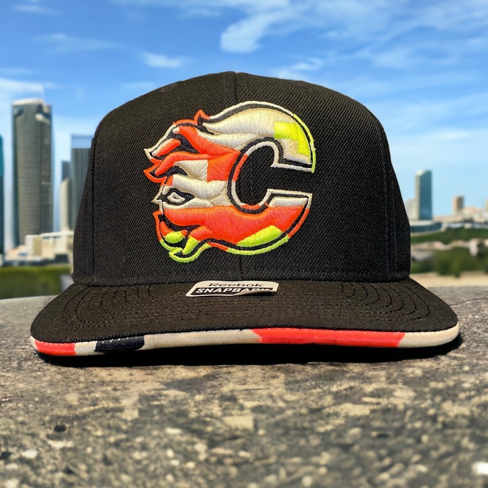 Calgary Flames Hat Neon Tack Twill Logo Black Snap-Back Baseball Cap